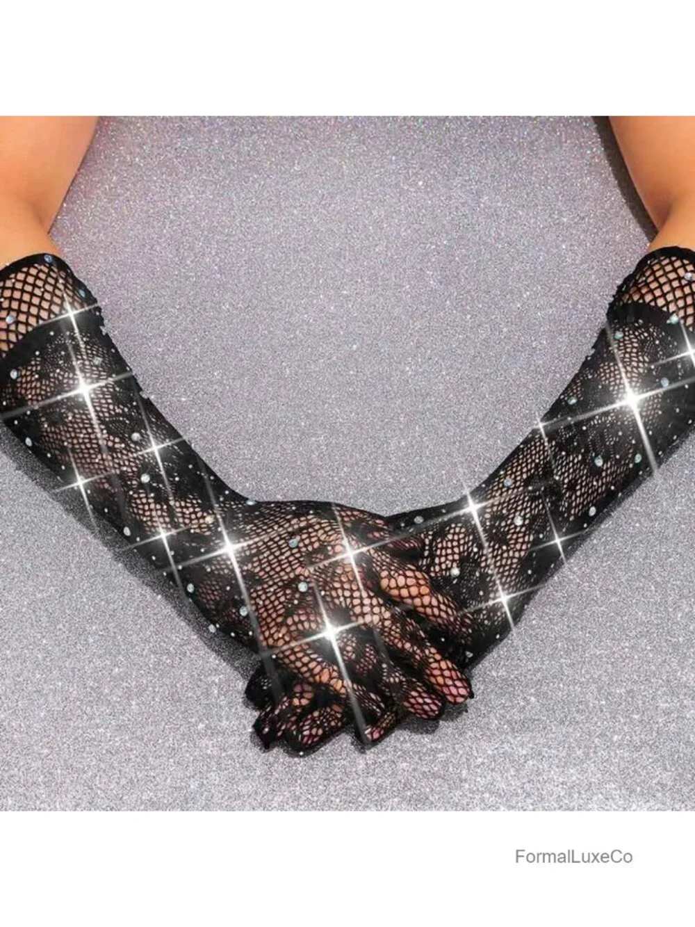 Long Fishnet Rhinestone Gloves Elbow Length Finger Mesh Rave Prom Accessories